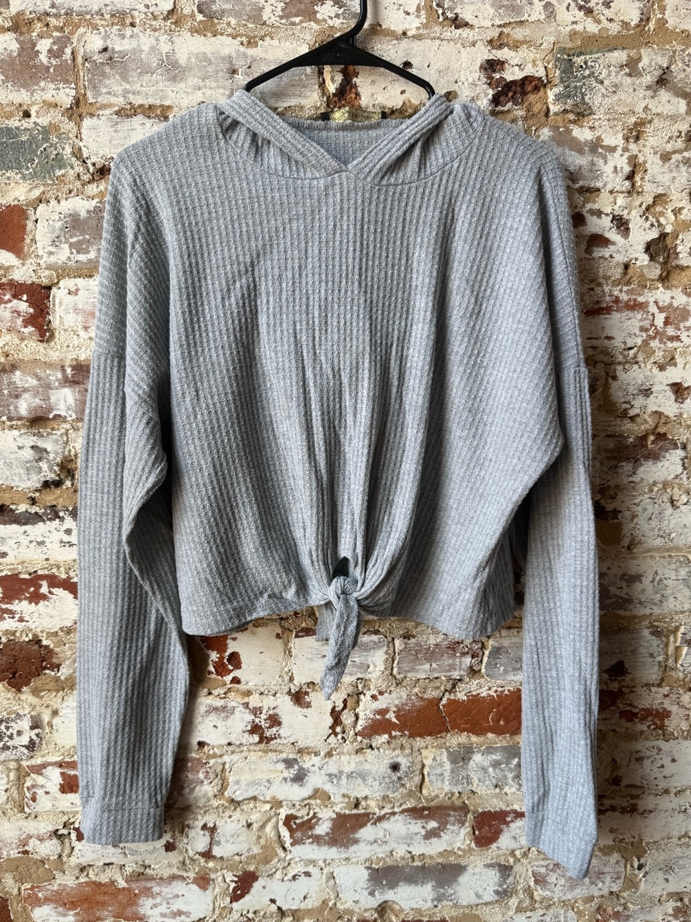 Light Gray Waffle Crop Knit Tie-Front Hoodie - Women